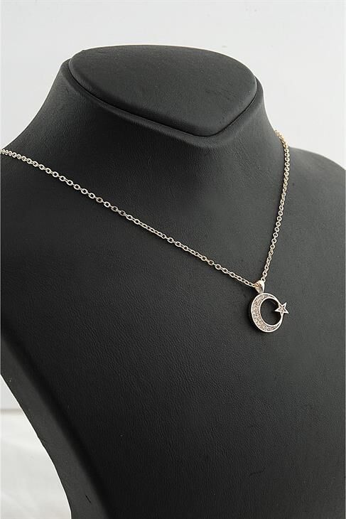 Ay Yıldız Tasarımlı Zirkon Taşlı Gümüş Kaplamalı Klipsli Kolye