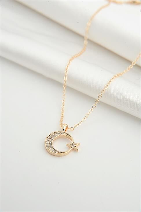 Ay Yıldız Tasarımlı Zirkon Taşlı Gümüş Kaplamalı Klipsli Kolye