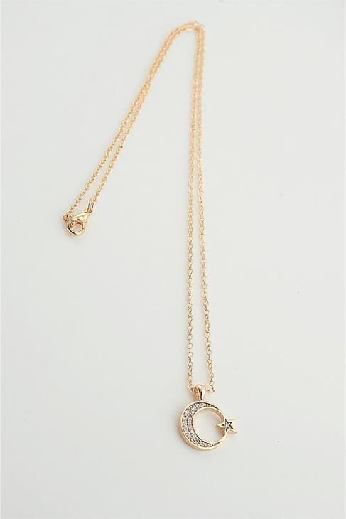 Ay Yıldız Tasarımlı Zirkon Taşlı Gümüş Kaplamalı Klipsli Kolye