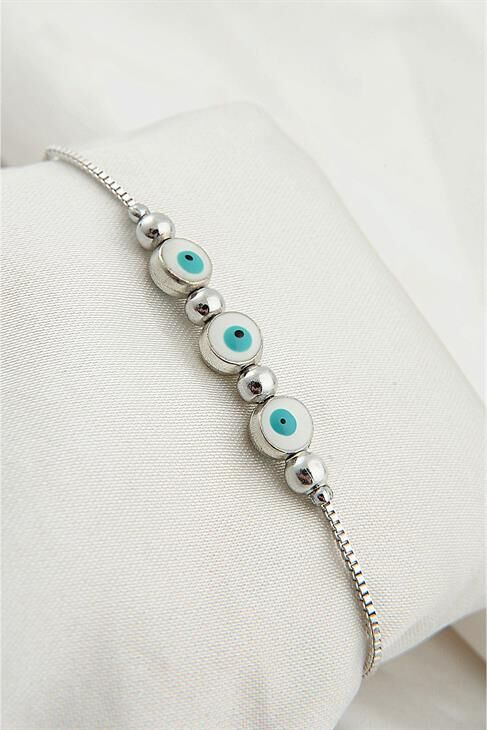 Nazarlık Tasarımlı Gümüş Kaplamalı Asansör Kapamalı Bileklik