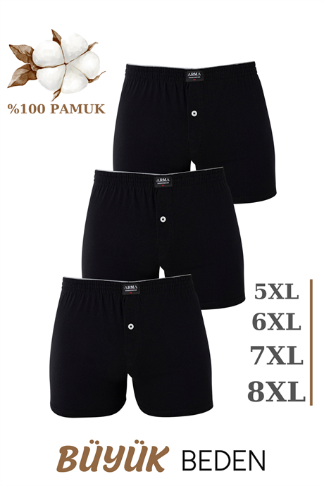 3'lü Paket Erkek Büyük Beden Boxer Siyah %100 Pamuklu Penye Geniş Kalıp Battal Boy İç Çamaşırı