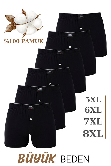 6'lı Paket Erkek Siyah Geniş Kalıp Büyük Beden Boxer Battal Boy İç Giyim %100 Pamuklu