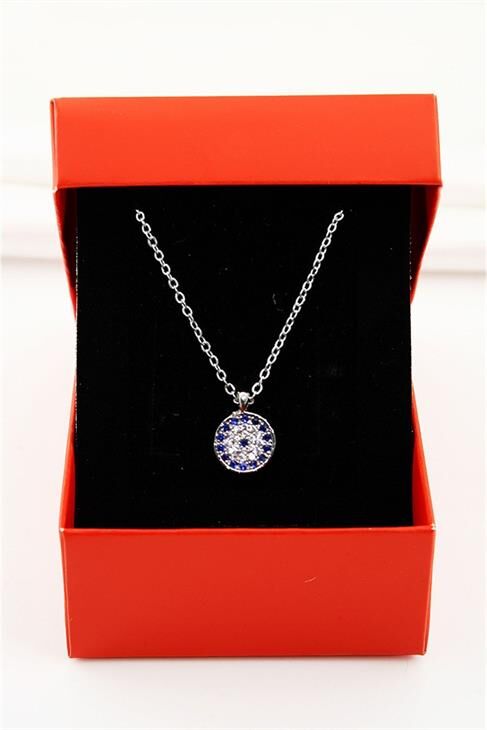 Kutulu Nazar Tasarımlı Zirkon Taşlı Kolye