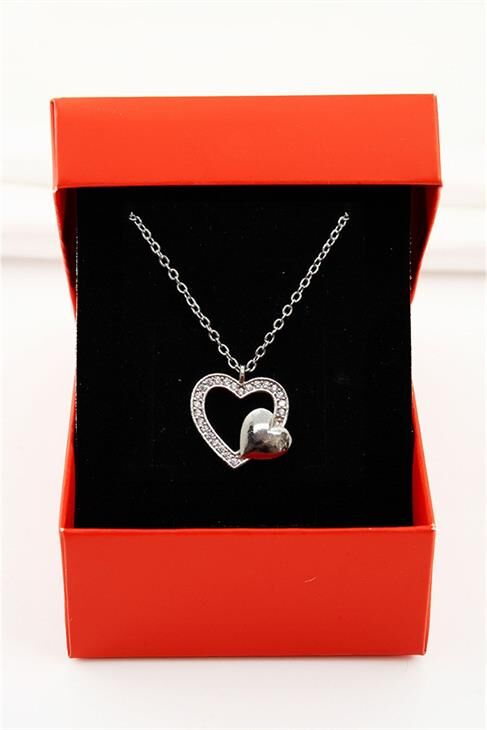 Kutulu 2li Kalp Tasarımlı Zirkon Taşlı Kolye