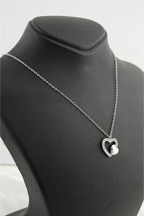 Kutulu 2li Kalp Tasarımlı Zirkon Taşlı Kolye