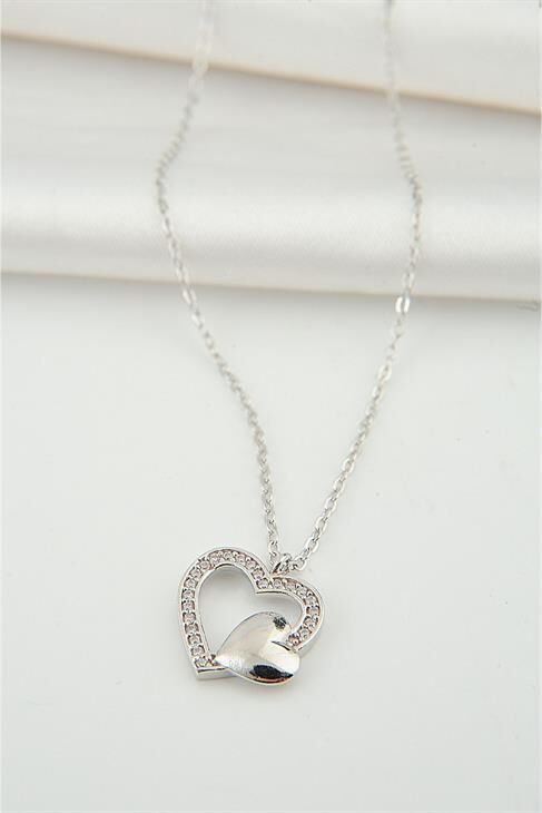 Kutulu 2li Kalp Tasarımlı Zirkon Taşlı Kolye