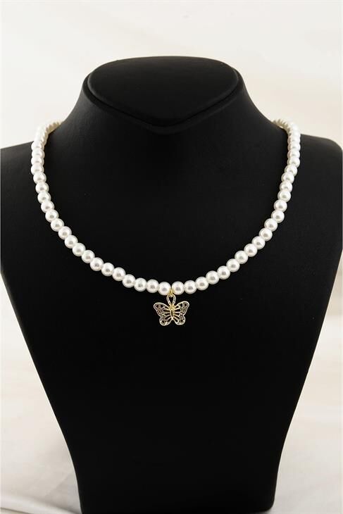 Kelebek Tasarımlı Inci Boncuklu Incili Kolye