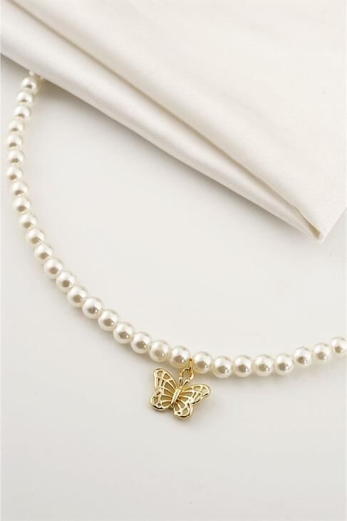 Kelebek Tasarımlı Inci Boncuklu Incili Kolye
