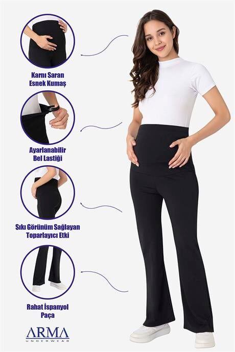 İspanyol Paça Yüksek Bel Esnek Toparlayıcı Hamile Tayt Siyah