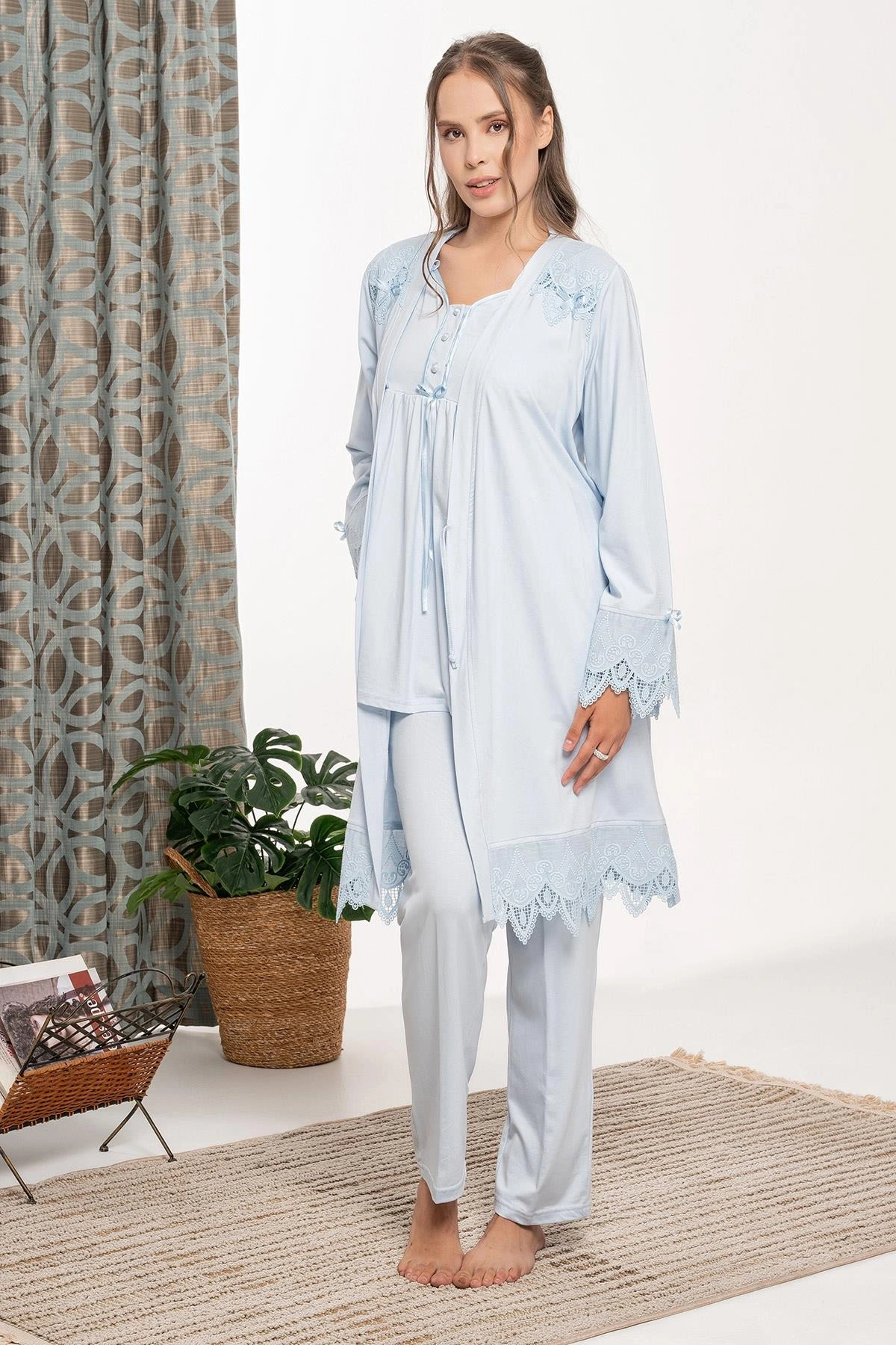 Bone 6109 Dantel Detaylı Sabahlıklı Lohusa Pijama Takımı
