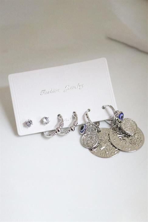 Özel Tasarımlı Halka ve Zirkon Tektaş Küpeli 3lü Küpe Seti