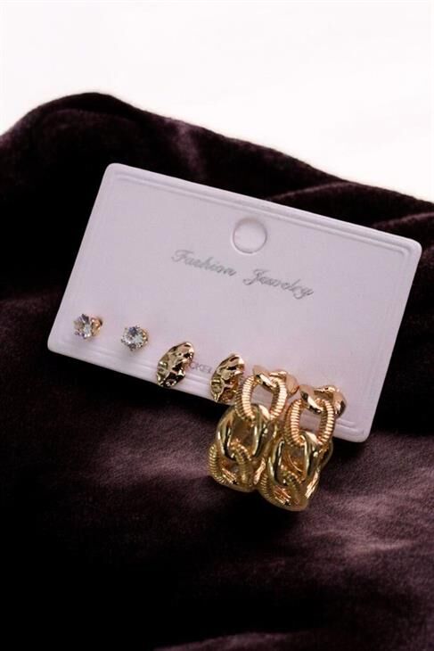 Özel Tasarımlı Halka ve Tektaş Zirkon Küpeli 3lü Küpe Seti