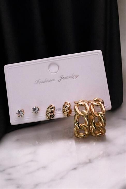 Özel Tasarımlı Halka ve Tektaş Zirkon Küpeli 3lü Küpe Seti