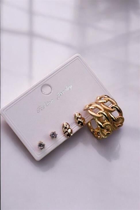 Özel Tasarımlı Halka ve Tektaş Zirkon Küpeli 3lü Küpe Seti