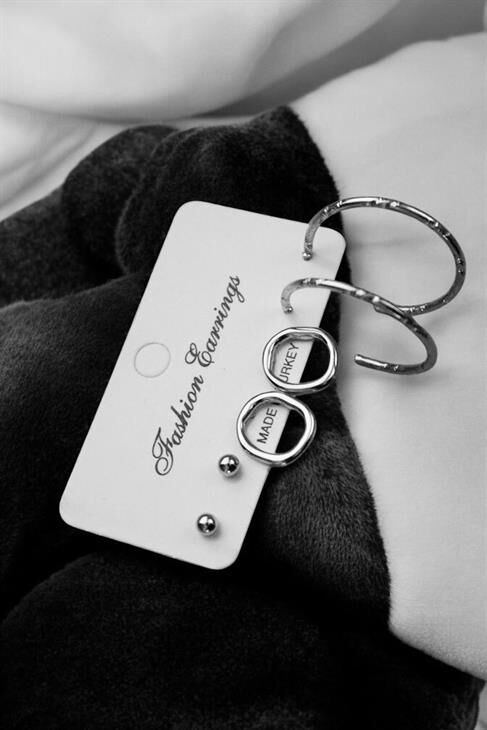 Özel Tasarımlı Halka ve Tektaş Zirkon Küpeli 3lü Küpe Seti