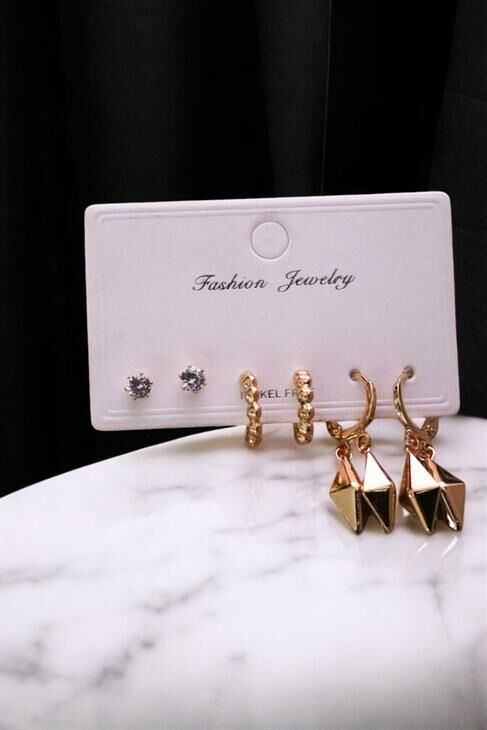 Özel Tasarımlı Halka ve Tektaş Küpeli 3lü Küpe Seti