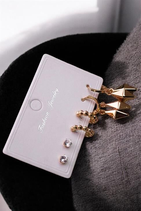 Özel Tasarımlı Halka ve Tektaş Küpeli 3lü Küpe Seti