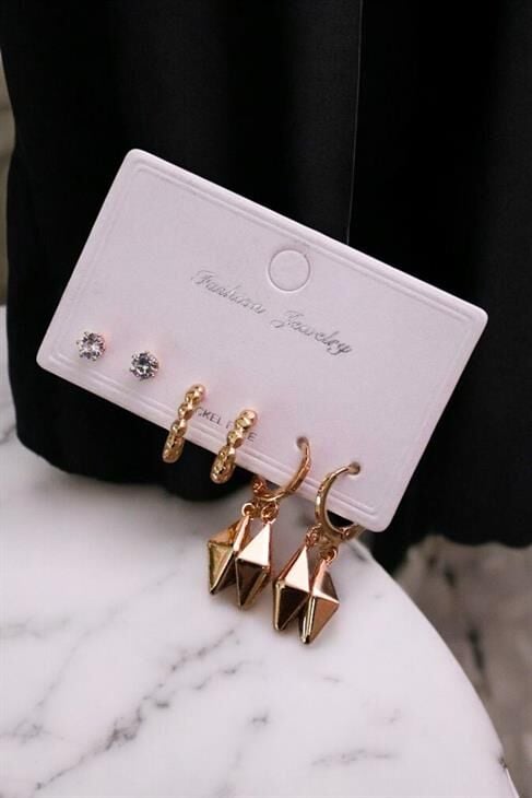 Özel Tasarımlı Halka ve Tektaş Küpeli 3lü Küpe Seti