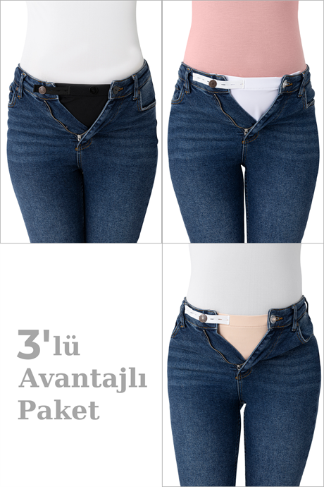 Hamile Pantolon Bel Genişletici - Kadın Pantolon Genişletici, 3'lü Paket Beyaz-Siyah-Ten