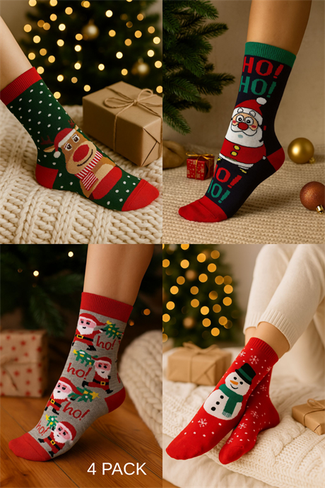 4'lü Paket Unisex Yılbaşı Çorap Renkli Soket Çorap Yeniyıl
