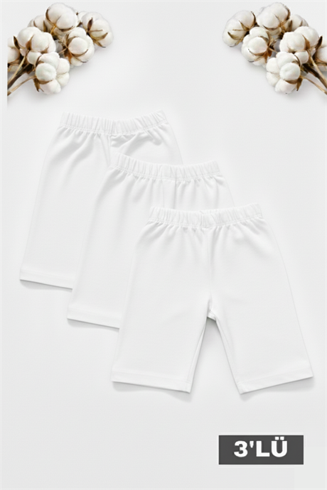 Kız Çocuk Pamuklu Likralı Beyaz Düz Kısa Tayt 3'lü Paket