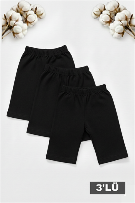 Kız Çocuk Pamuklu Likralı Siyah Düz Kısa Tayt 3'lü Paket