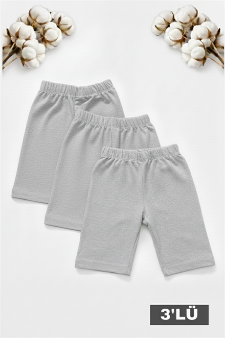 Kız Çocuk Pamuklu Likralı Gri Düz Kısa Tayt 3'lü Paket