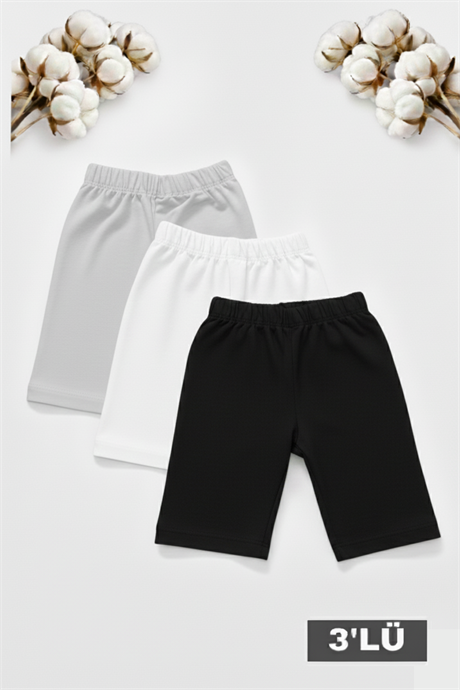 Kız Çocuk Pamuklu Likralı Renkli Düz Kısa Tayt 3'lü Paket
