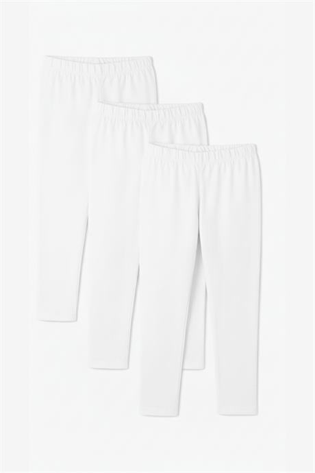 Kız Çocuk Uzun Tayt Beyaz Pamuklu Likralı Düz Basic 3'lü Paket