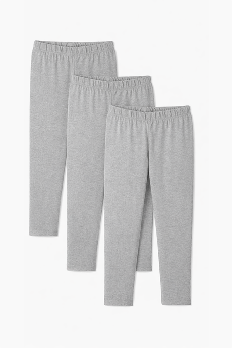 Kız Çocuk Uzun Tayt Gri Pamuklu Likralı Düz Basic 3'lü Paket
