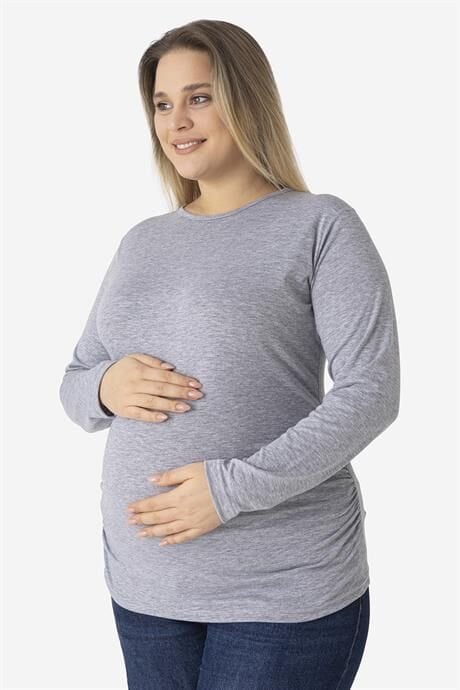 Gri Uzun Kollu Hamile Tişört Pamuklu Likralı Yumuşak ve Esnek Kumaş