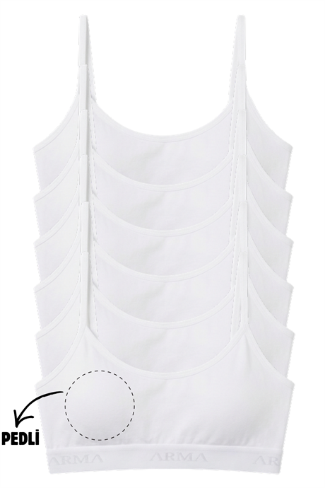 Genç Kız Pamuklu İp Askılı Çıkarılabilir Pedli Yarım Atlet Alıştırma Sütyeni 6'lı Paket Beyaz