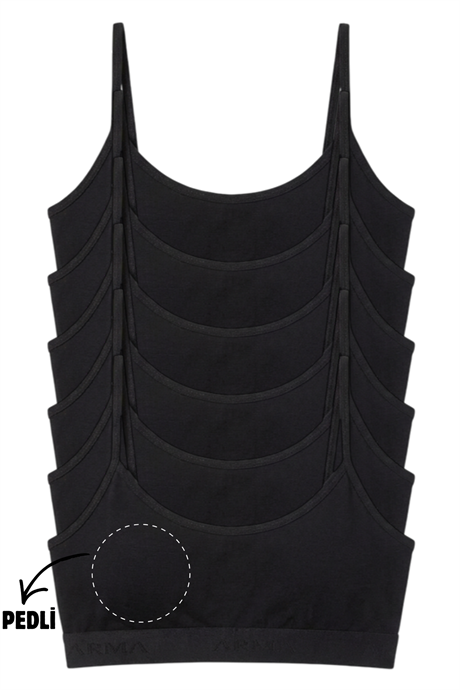 Genç Kız Pamuklu İp Askılı Çıkarılabilir Pedli Yarım Atlet Alıştırma Sütyeni 6'lı Paket Siyah