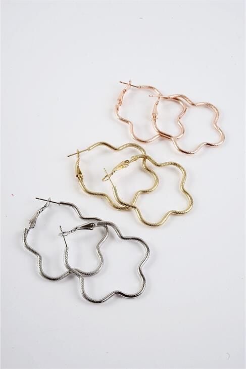 Çiçek Tasarımlı Gold Gümüş ve Rose Renkleri 3'lü Küpe Seti