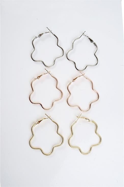 Çiçek Tasarımlı Gold Gümüş ve Rose Renkleri 3'lü Küpe Seti