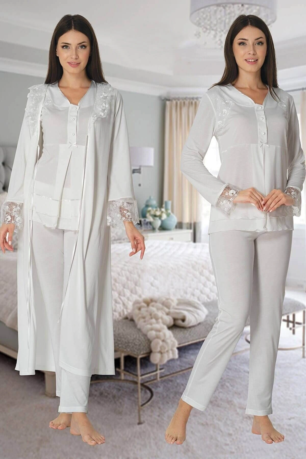 Effortt 2424 Uzun Dantel Sabahlıklı Lohusa Pijama
