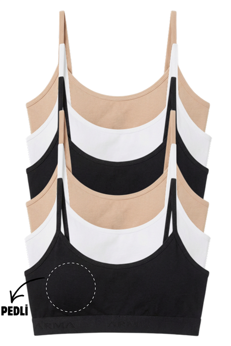 Genç Kız Pamuklu İp Askılı Çıkarılabilir Pedli Yarım Atlet Alıştırma Sütyeni 6'lı Paket Renkli