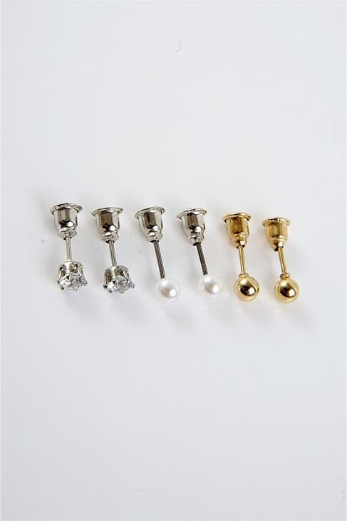 Damla Tasarımlı Gold Gümüş ve Rose Renkleri ve Tektaşlı 6'lı Halka Küpe Seti