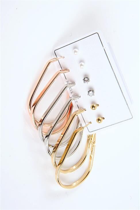 Damla Tasarımlı Gold Gümüş ve Rose Renkleri ve Tektaşlı 6'lı Halka Küpe Seti