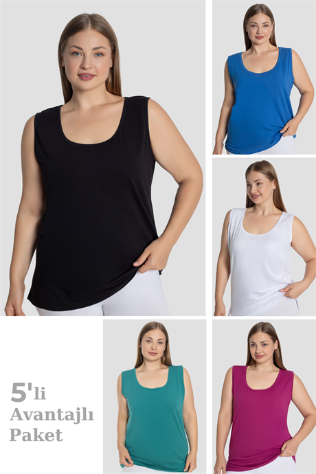 Kadın Pamuklu Büyük Beden Kalın Askılı Atlet Renkli 5'li Paket