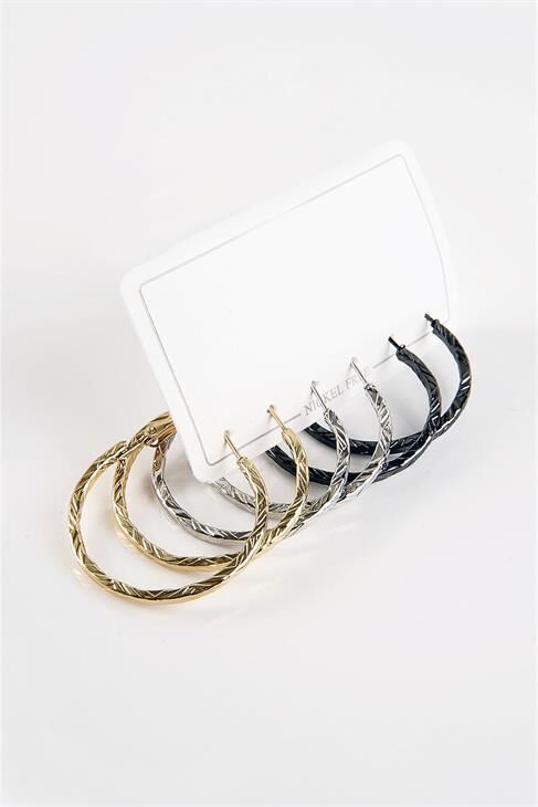 Gold Gümüş ve Siyah Renkleri 3'lü Halka Küpe Seti