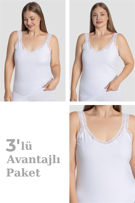 Kadın Büyük Beden Pamuklu Dantelli Atlet Esnek ve Rahat Beyaz 3'lü Paket