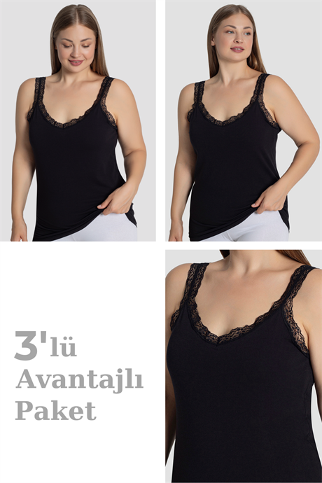 Kadın Büyük Beden Pamuklu Dantelli Atlet Esnek ve Rahat Siyah 3'lü Paket