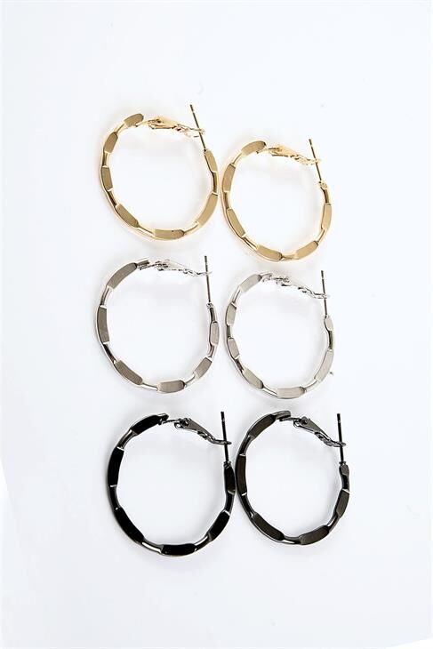 Gold Gümüş ve Siyah Renkleri 3'lü Halka Küpe Seti