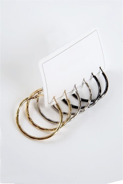 Gold Gümüş ve Siyah Renkleri 3'lü Halka Küpe Seti