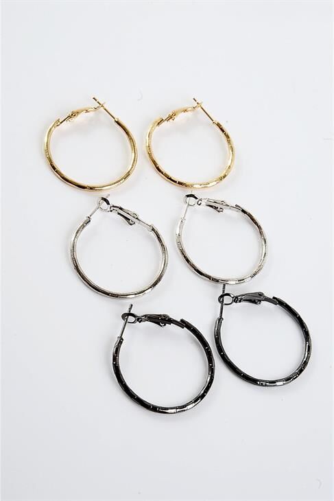 Gold Gümüş ve Siyah Renkleri 3'lü Halka Küpe Seti