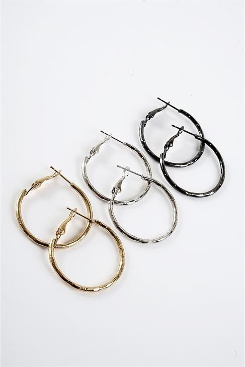 Gold Gümüş ve Siyah Renkleri 3'lü Halka Küpe Seti