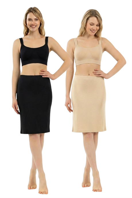 Kadın Viskon Kumaş Esnek Rahat Diz Üstü Astar Jüpon Kombinezon 2'li Paket Siyah Ten