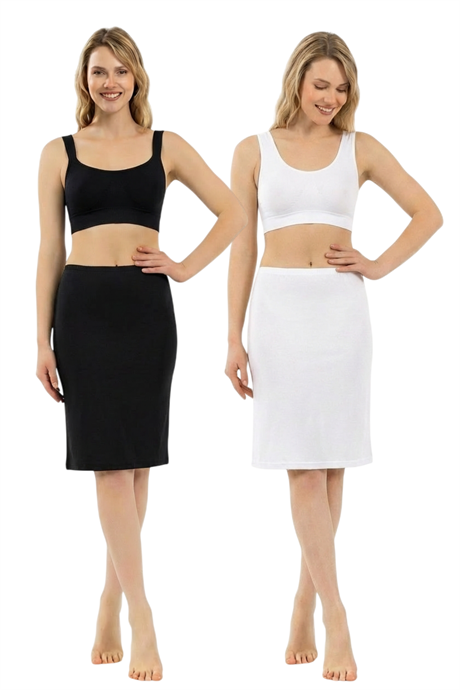 Kadın Viskon Kumaş Esnek Rahat Diz Üstü Astar Jüpon Kombinezon 2'li Paket Beyaz Siyah