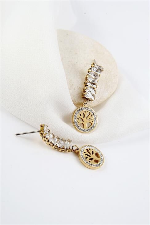 Yaşam Ağacı Tasarımlı Zirkon Taşlı Gold ve Gümüş Kaplamalı Çelik Sallantılı Küpe